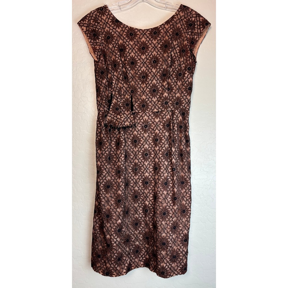 Vintage 50s Floral Lace Cocktail Dress Brown Black Beaded Peplum Pencil 2255